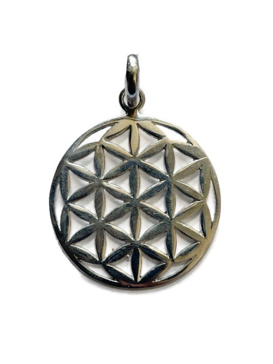 Silver Flower of Life pendant on a white background