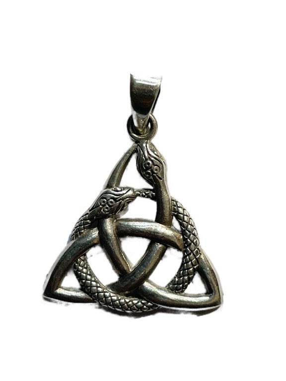 Silver Trinity knot pendant with snakes on a white background