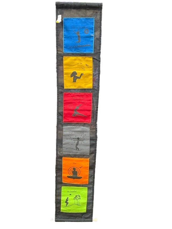 Vertical hanging organizer with colorful sections featuring icons on a gray background