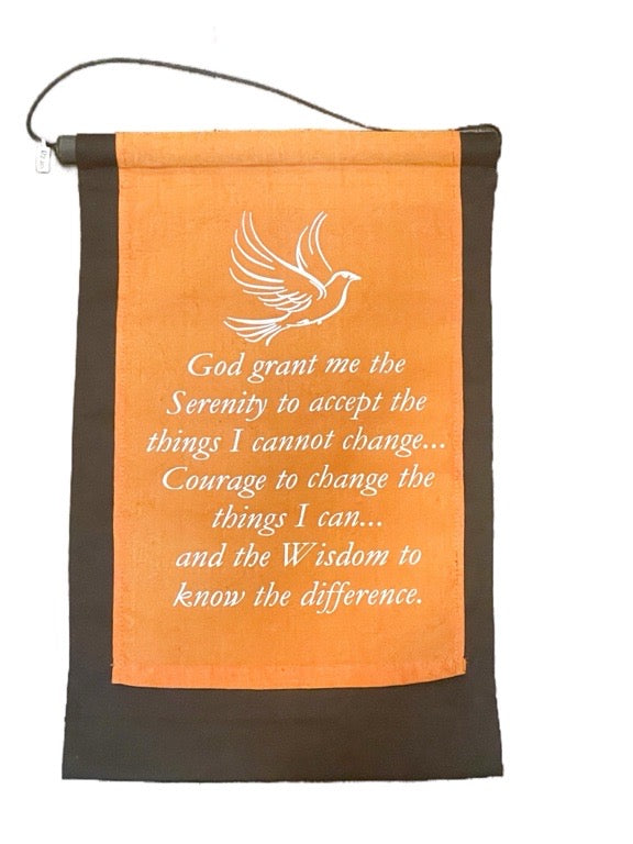 Orange banner with white text and a dove design on a white background