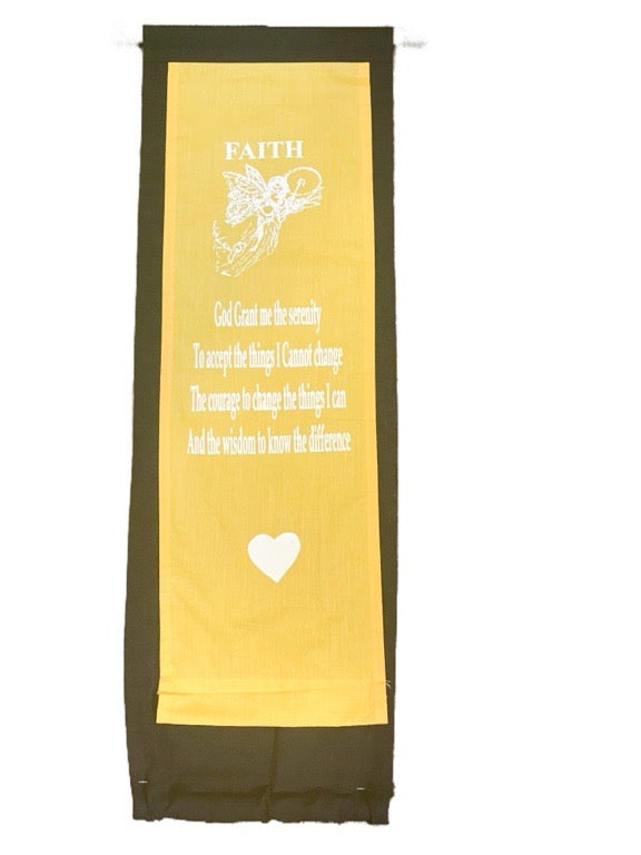 Yellow banner with text and a heart design on a white background