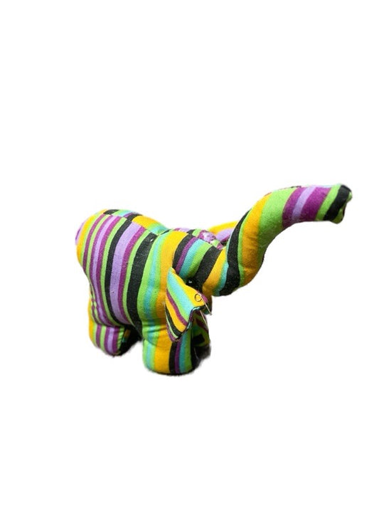 Colorful striped elephant plush toy on a white background
