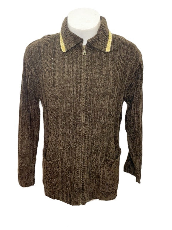 Chenille knitted cardigan with collar & zip-10% off