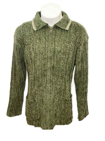 Chenille knitted cardigan with collar & zip-10% off