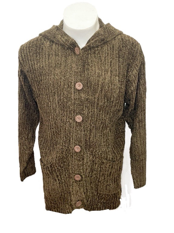 Chenille knitted cardigan with hood & buttons