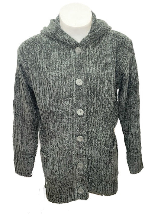 Chenille knitted cardigan with hood & buttons