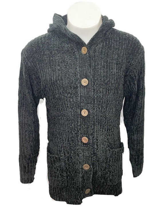 Chenille knitted cardigan with hood & buttons