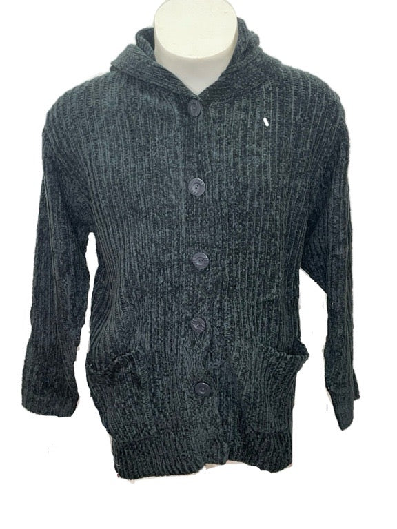 Chenille knitted cardigan with hood & buttons