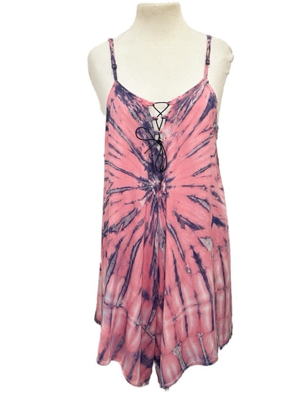 Tie dye shorts jumpsuit with front lace-up - various