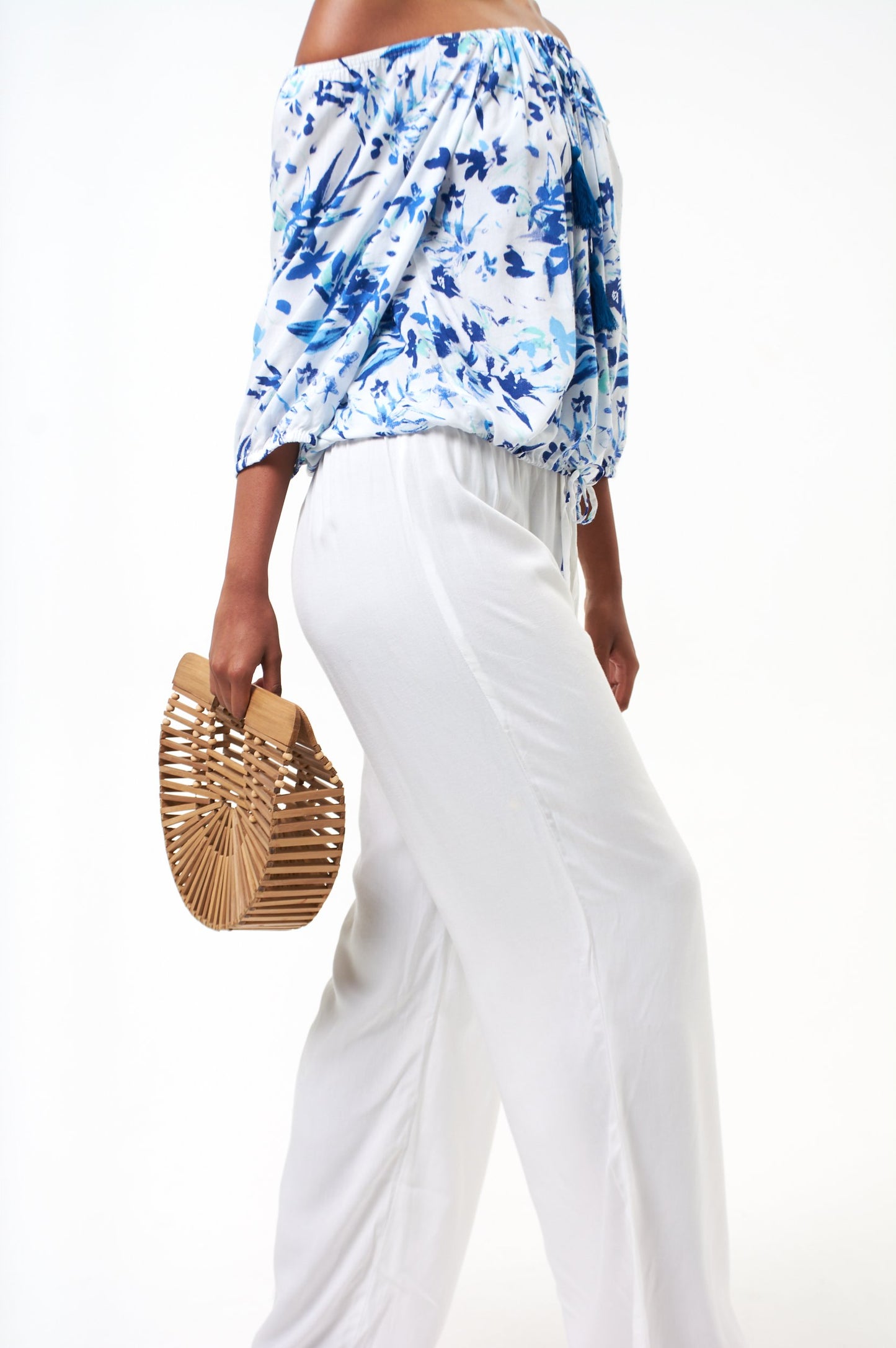 Long pants with bead detail on drawstring - white