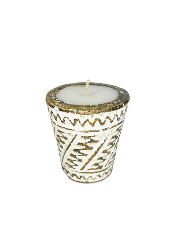 Candle in wooden carved holder - 7-9cm - various