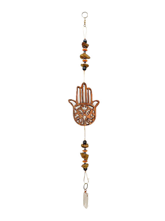 Quartz, tigers eye & wood space harmoniser - Hamsa - small