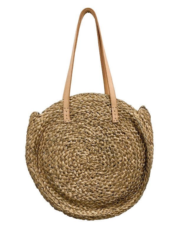 Gold straw bag with leather straps
