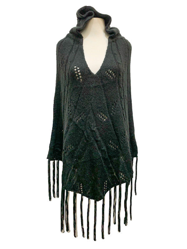 Poncho with cables, hoody & tassels