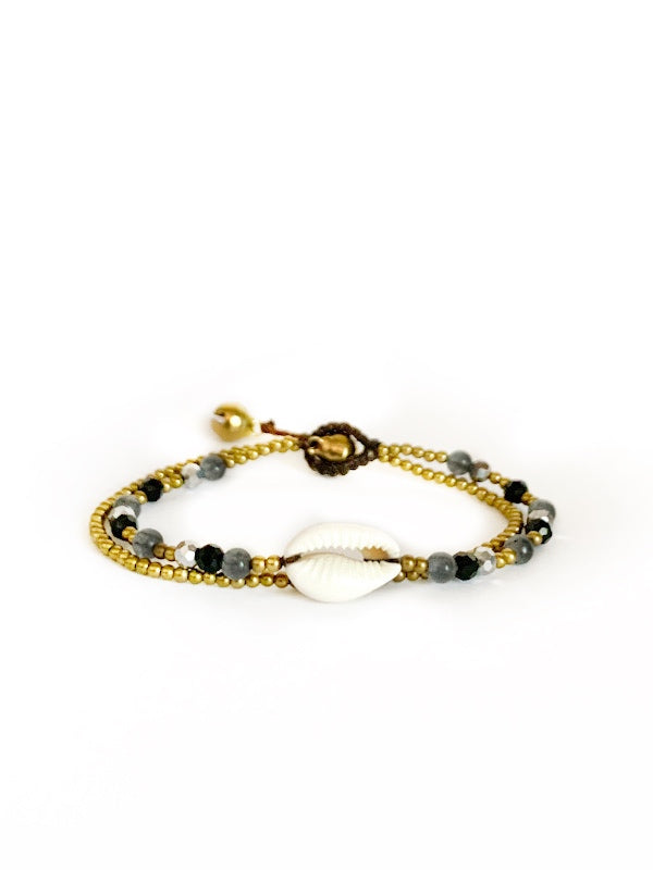 Cowry shell, brass and crystal bead bracelet various