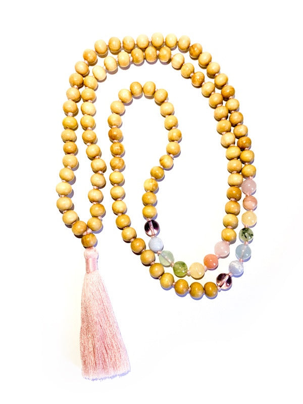 Pastel wood and crystal mala - 8mm