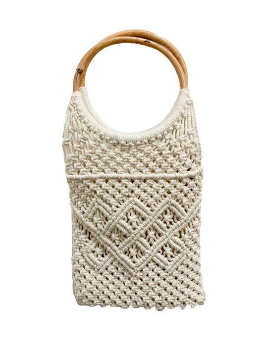 Macrame bag with rattan handles