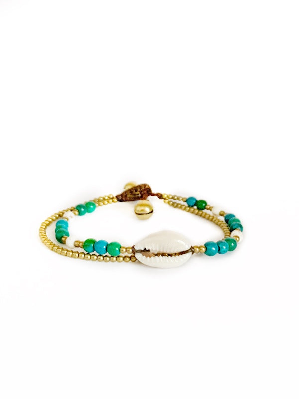 Cowry shell, brass and crystal bead bracelet various