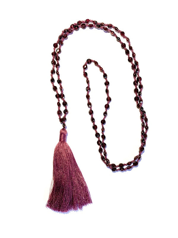 Fine briolette diamond cut garnet 108 bead mala