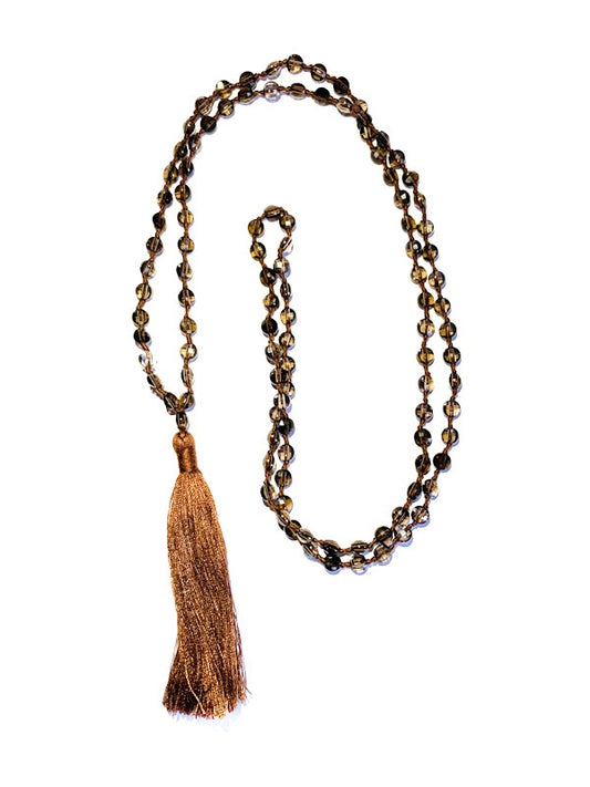 Fine briolette diamond cut smoky quartz 108 bead mala