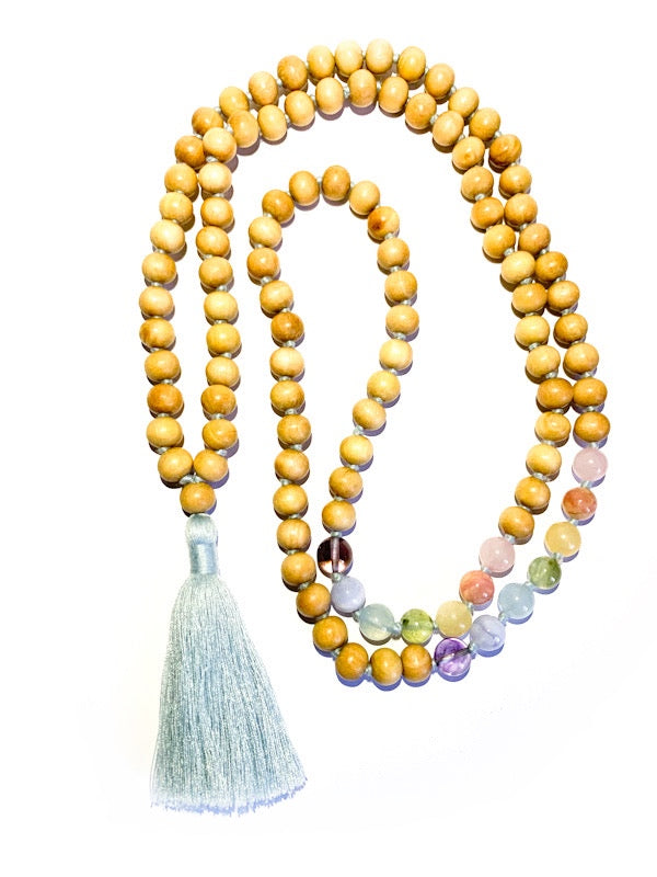 Pastel wood and crystal mala - 8mm